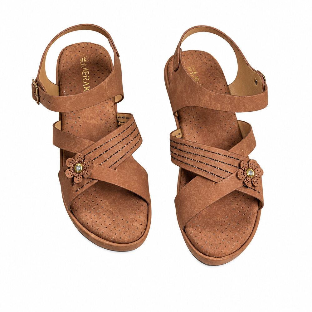 Strappy Sandal.jpg Earthy Charm – Tan Brown Floral Comfort Sandals - Image 1