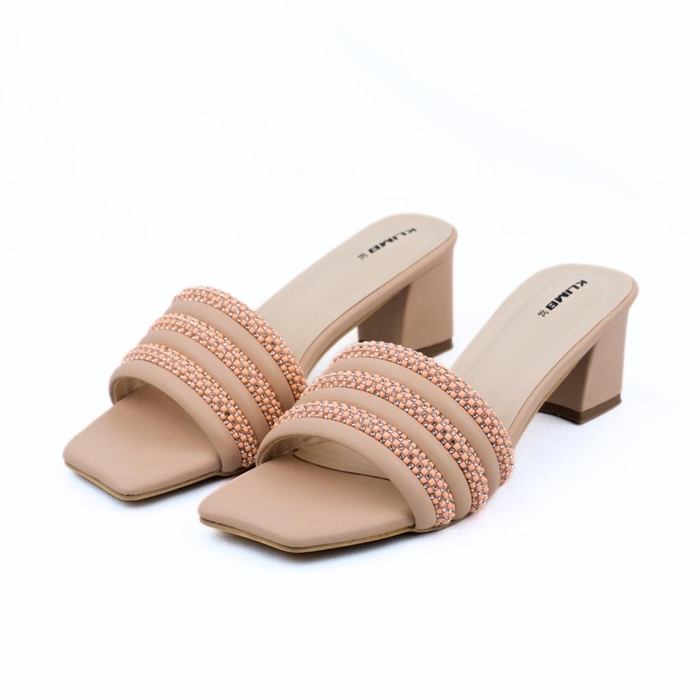 Women’s Rhinestone Block Heel Sandal in Nude Peach Women’s nude peach rhinestone block heel sandal